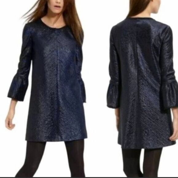 THEORY Mailla Linden Matte Sheen Deep Blue Shift Bell Sleeve Mini Dress US 8 - Picture 1 of 16